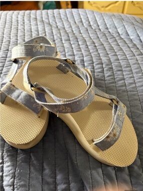 Skechers Beige Footbed Wedge Sandals with Light Blue Floral Straps
